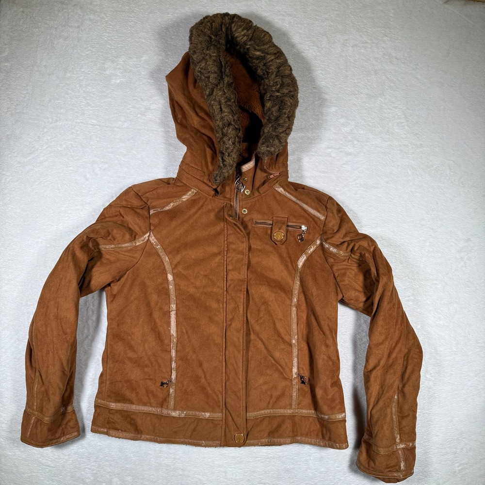 Baby Phat‎ Faux Suede Hooded Jacket Brown Fur Trim Zipper Pockets XL